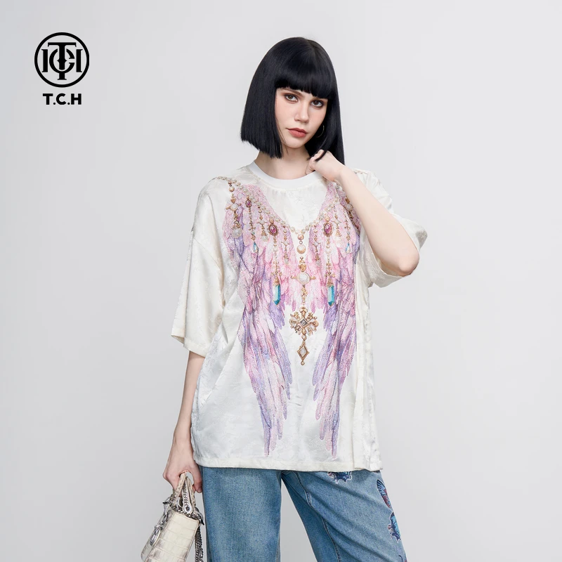 TCH轻奢烫钻工艺新中式提花彩色翅膀宽松T恤T75B106045A私服tch