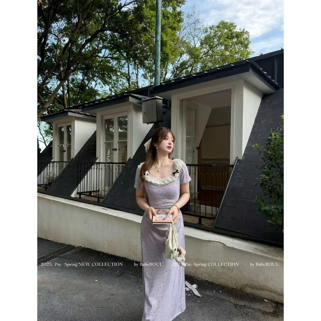 DCL品720050【香芋信笺】法式蝴蝶结气质波点收腰显瘦短袖连衣长裙