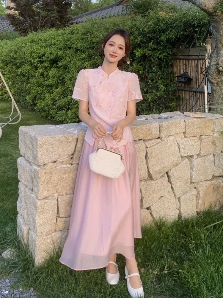 新中式国风改良旗袍半身裙立领盘扣刺绣设计感上衣半身裙套裙女47