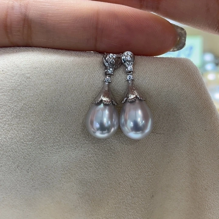 银S925镶嵌耳饰海水珍珠9-10mm96号