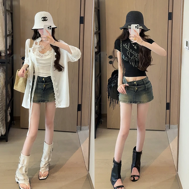 小雨姐姐夏款【美高裙裤】复古做旧双腰头修身显腿长牛仔裙裤