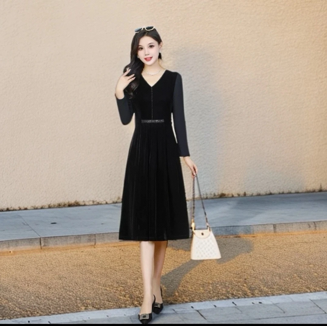 【F1337】高端金丝绒连衣裙女2024新款秋季高贵洋气奢华v领长袖裙子
