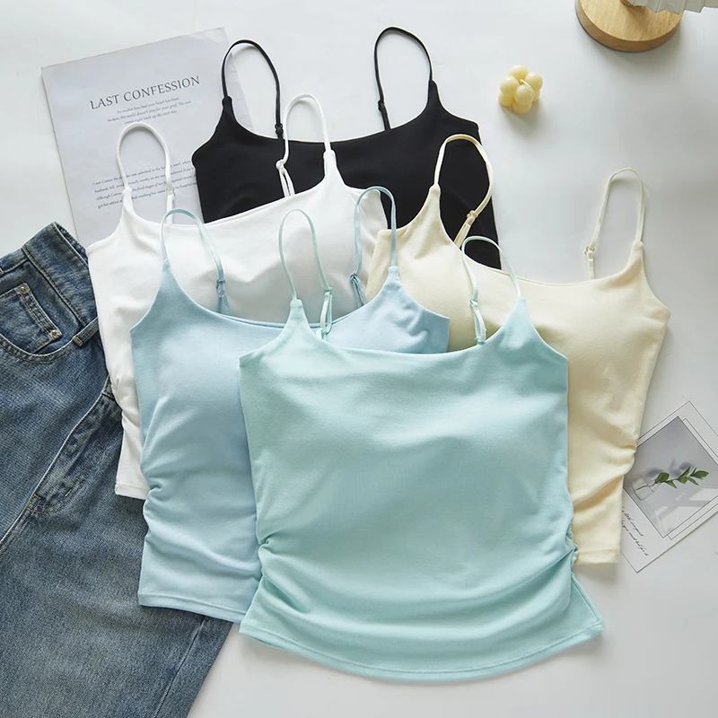 辣妹性感褶皱吊带背心女夏季新款纯色简约带胸垫显瘦外穿打底上衣