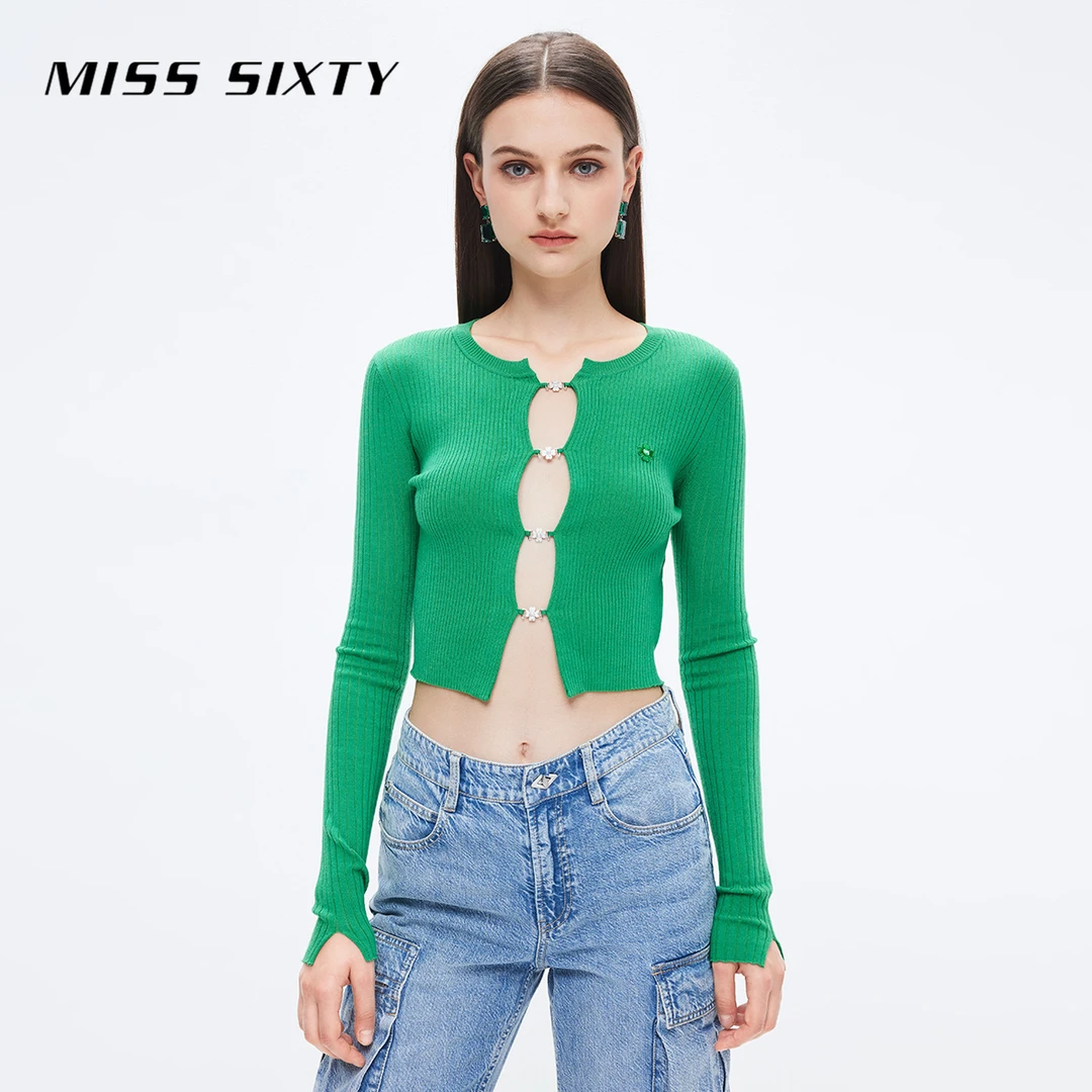 Miss Sixty秋季新款毛织外套女圆领镂空性感修身开衫citywarm