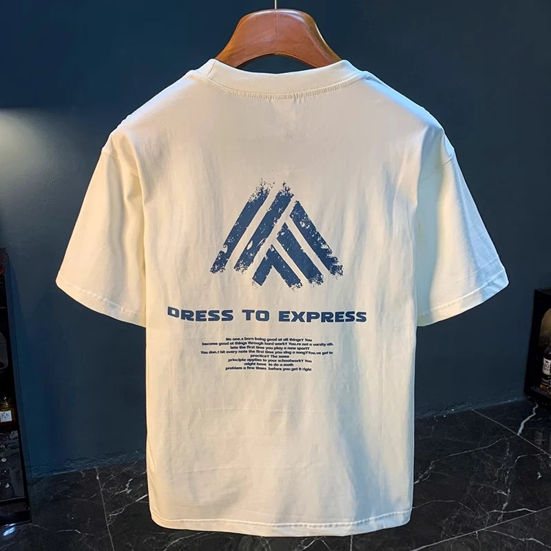 JJ高级质感全棉夏季男士短袖体恤潮流印花宽松休闲五分袖落肩T恤