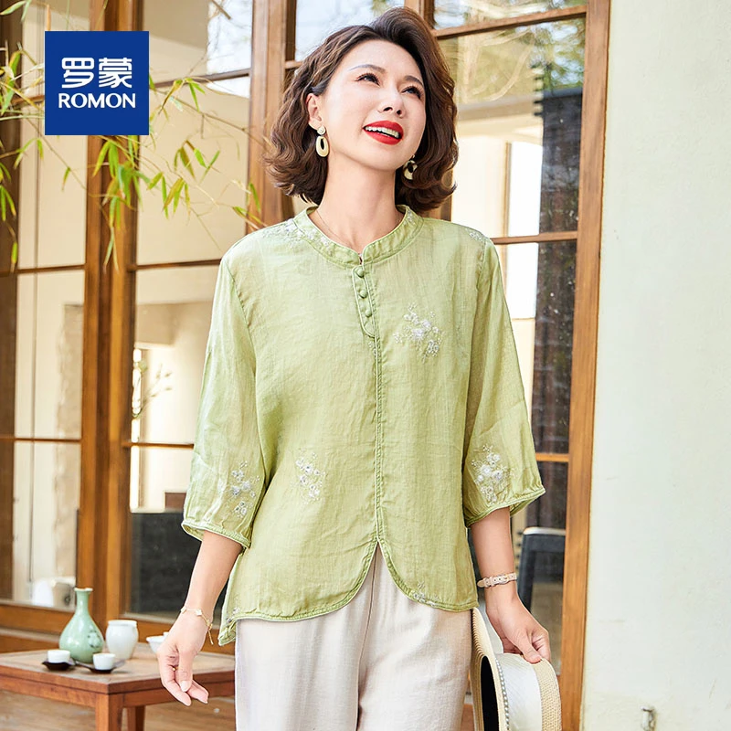 罗蒙母亲节中年妈妈新款七分袖衬衫中老年上衣洋气雪纺小衫套装女