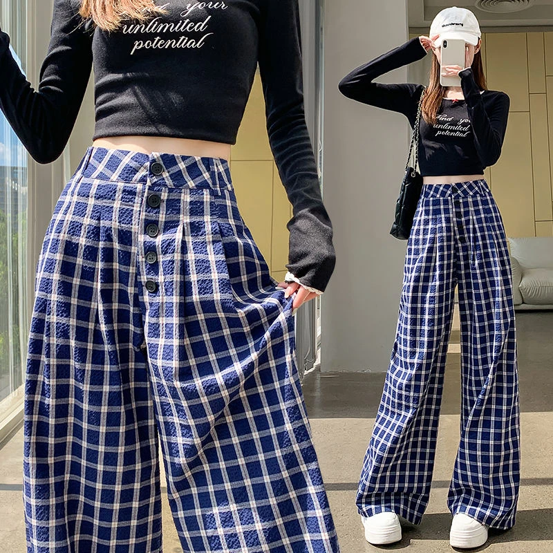 蓝色复古格子休闲裤阔腿裤女春夏2025新款高腰慵懒风宽松格纹长裤