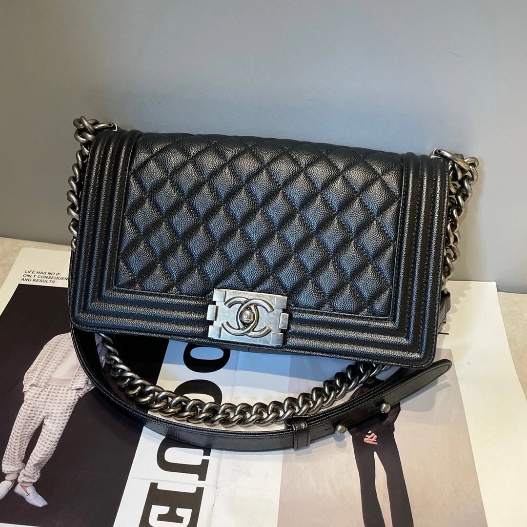 95新 Chanel/香奈儿 Leboy 黑银牛皮中号链条包 25*15