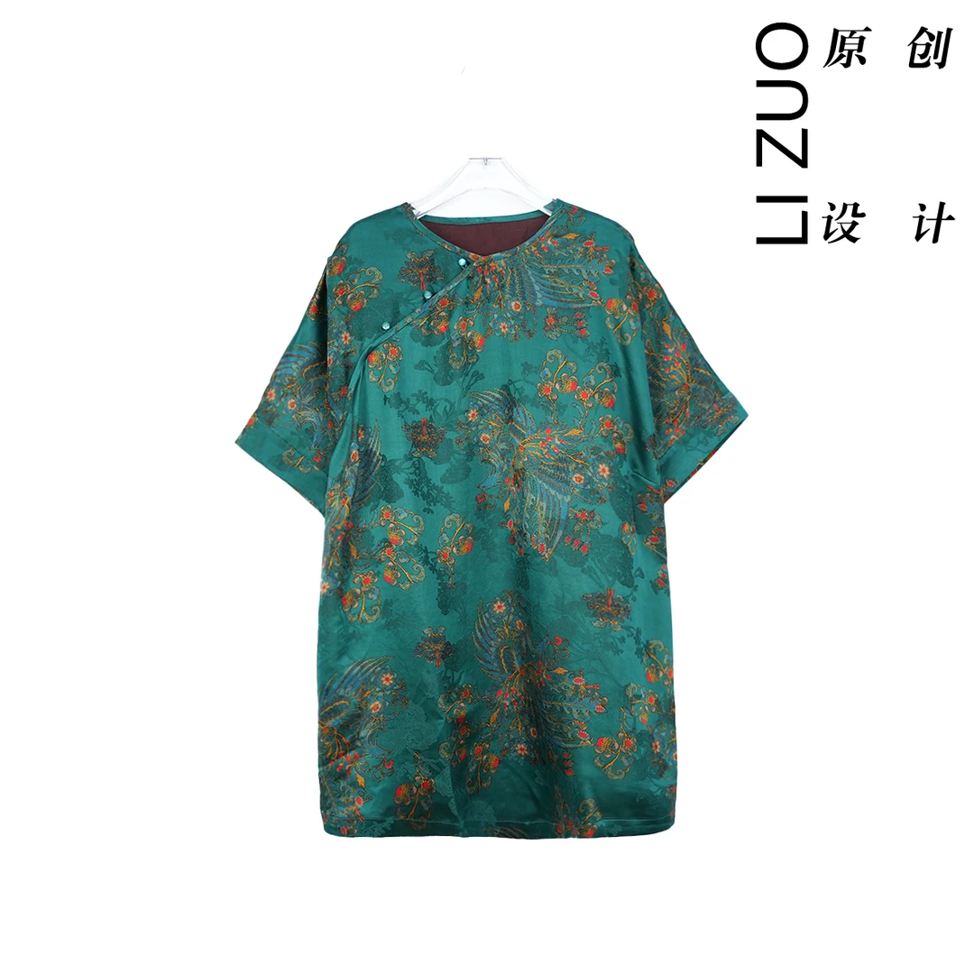 大码胖mm国风新中式35姆米花萝香云纱桃心领太太服9302