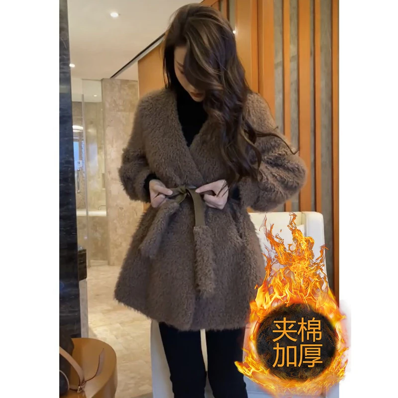 名媛气质显瘦咖色绒大衣女秋冬季时尚洋气宽松毛呢开衫外套