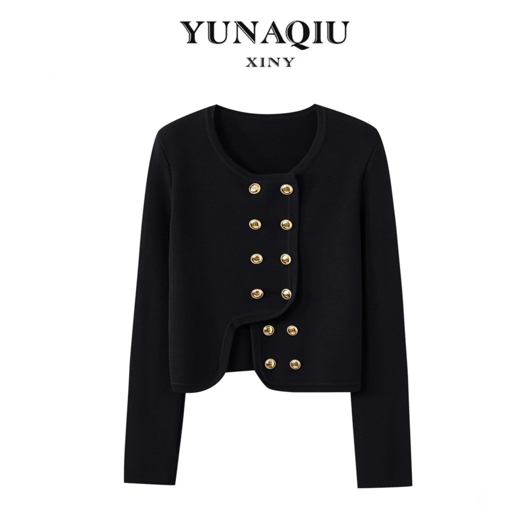 黑金双排扣长袖小香风针织重工圆领时尚气质上衣外套-16