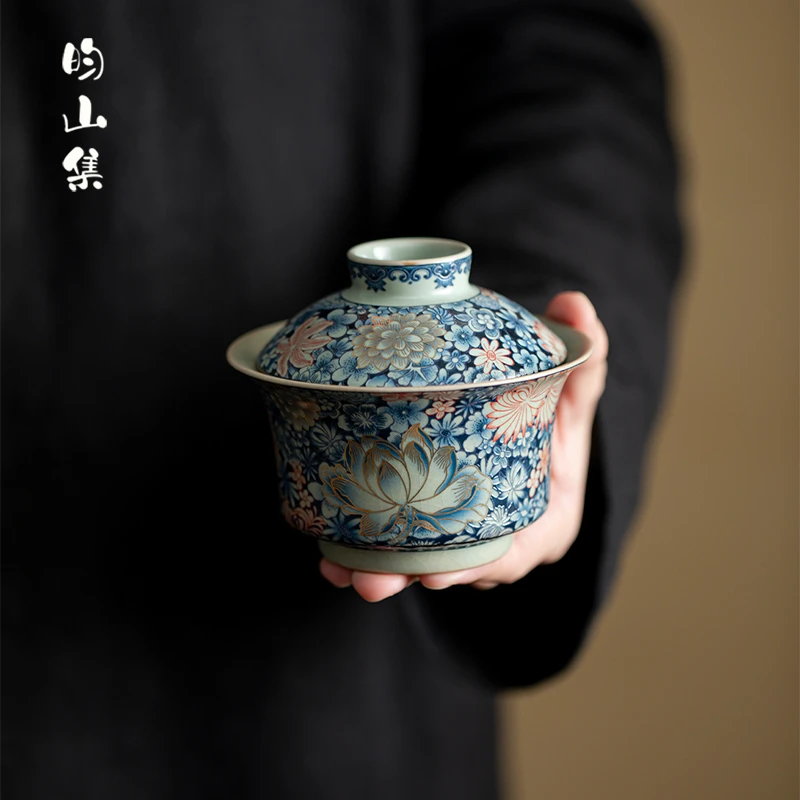 复古汝窑青花二才盖碗单个陶瓷家用高档功夫茶具不烫手茶碗手抓碗