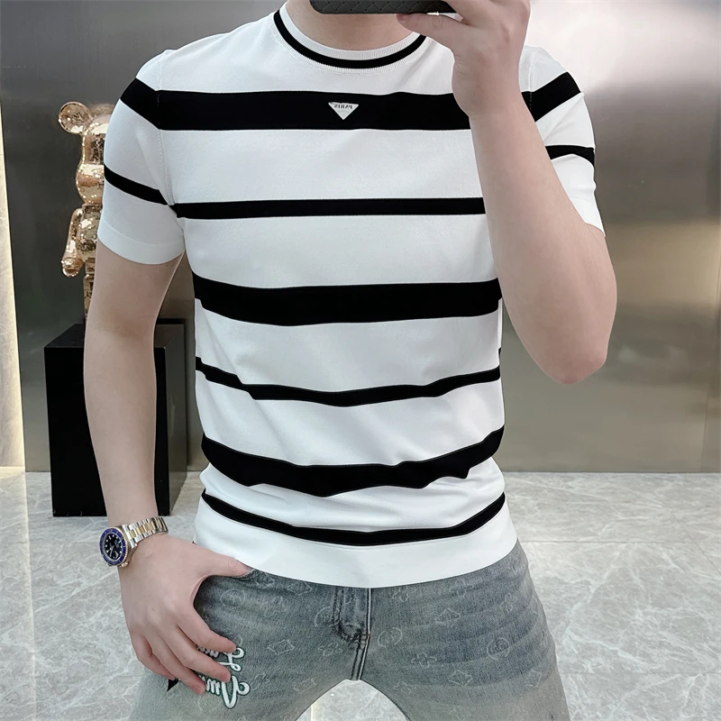2025新款男士春夏季高品质条纹冰麻针织时尚潮流圆领撞色短袖