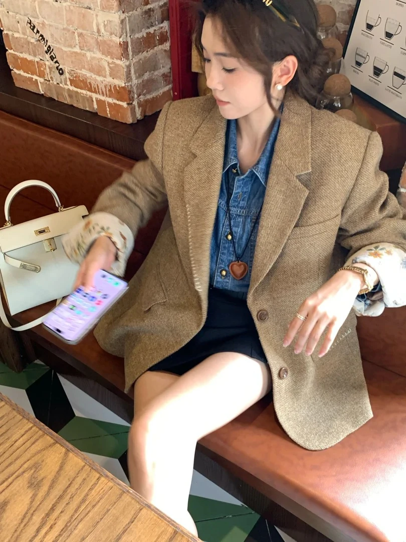 法式经典小个子廓形粗花呢西装外套秋冬韩版气质宽松显瘦西服上衣