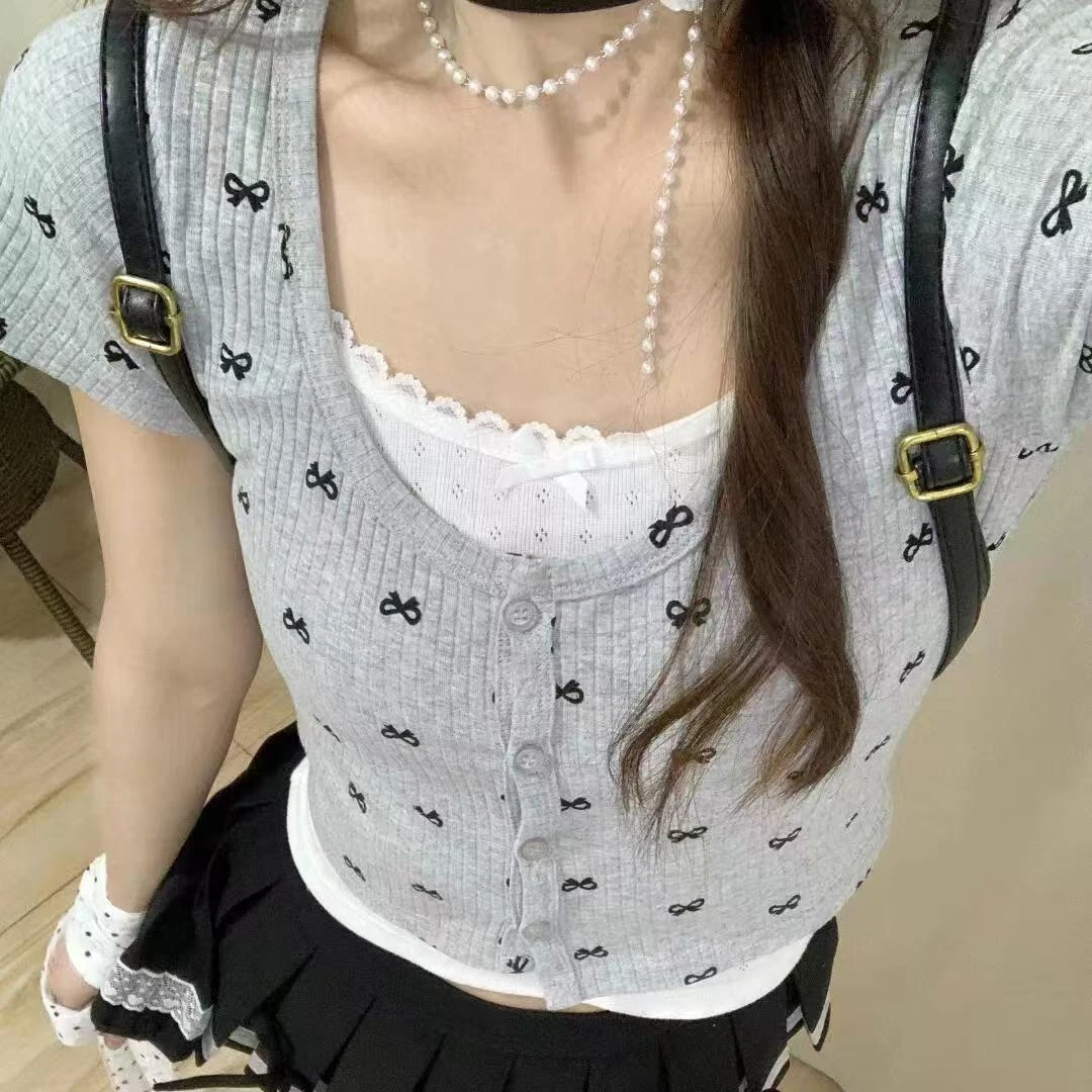 纯欲甜美蝴蝶结短袖正两件复古u领短袖针织开衫t恤女夏季短款bm风