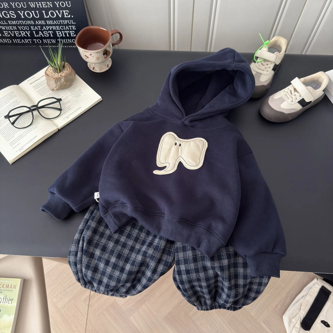 【爆款破价】2025新款立体大象洋气休闲韩版男女童连帽格子裤套装