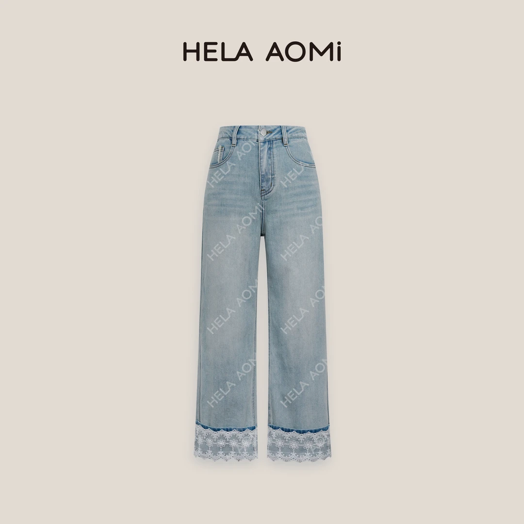 HELAAOMI“蕾丝卷边牛”蕾丝拼接牛仔裤高腰显瘦直筒裤子CY5AL62210