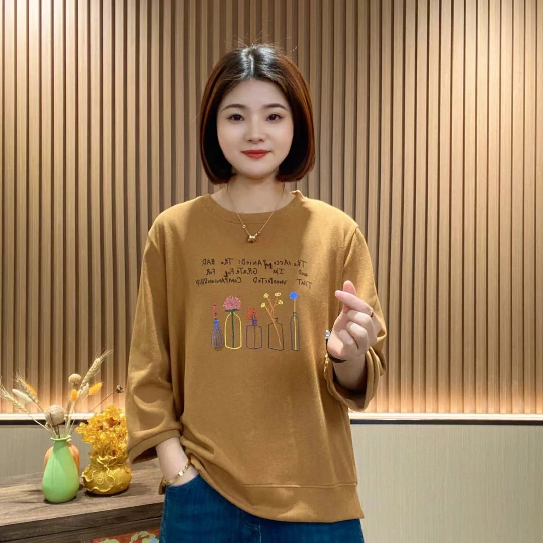 【艾米轩推荐】早秋七分袖t恤重工刺绣舒适透气百搭显瘦x2684