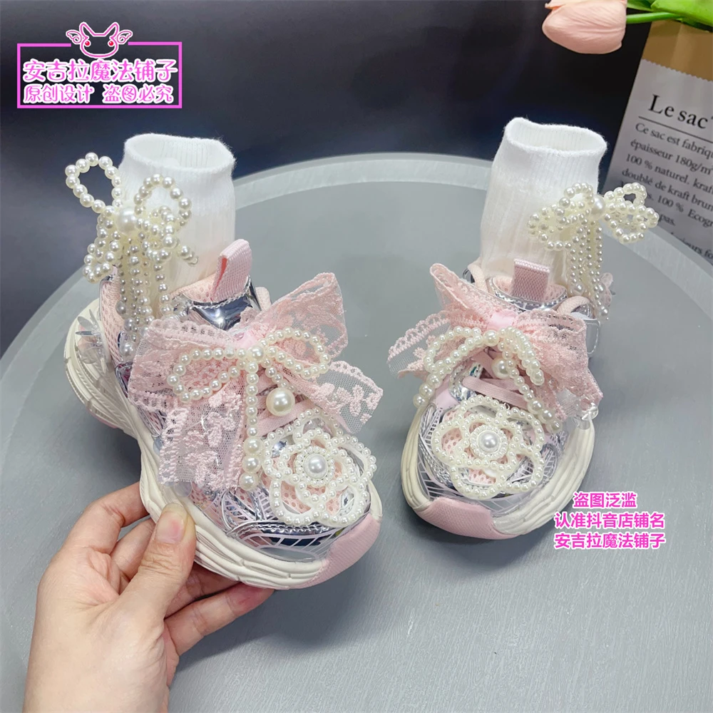 女童鞋2025蝴蝶结新款儿童运动鞋珍珠网面春季透气女孩公主老爹鞋