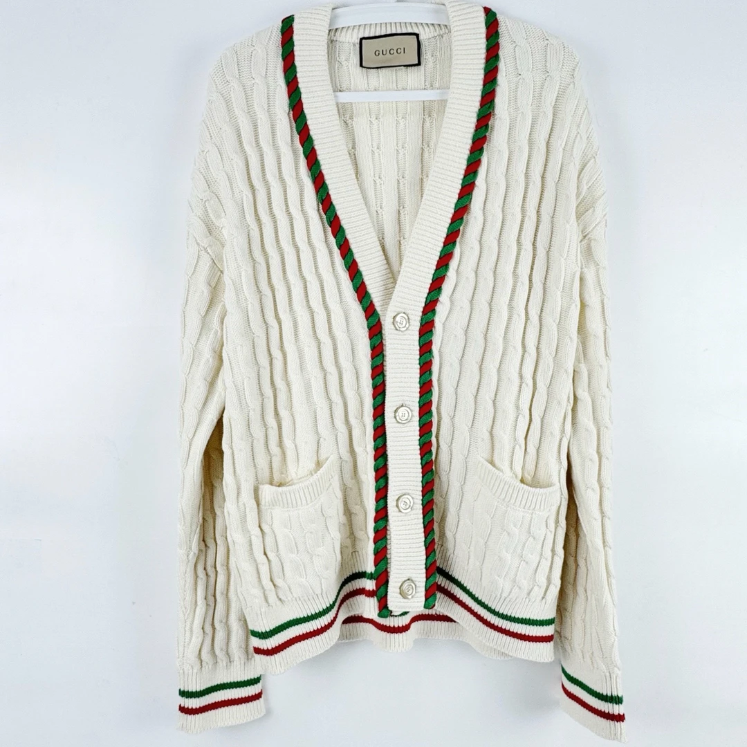 99新 GUCCI/古驰 L码 杏色红绿织带条纹麻花针织开衫 99新 sz0129