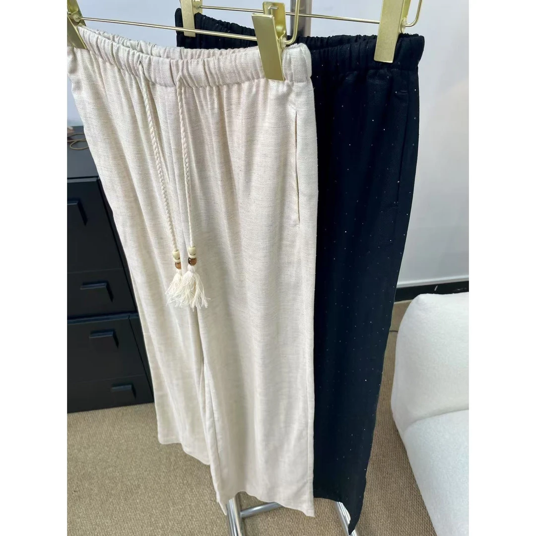 深圳南油2025点钻藏珠抽绳黑杏两色休闲裤269616