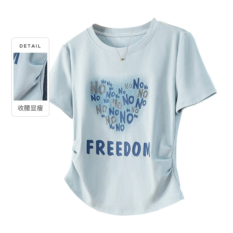 她池2025夏季新款女装海洋蓝烫钻字母爱心印花短袖T恤T52B1623TB