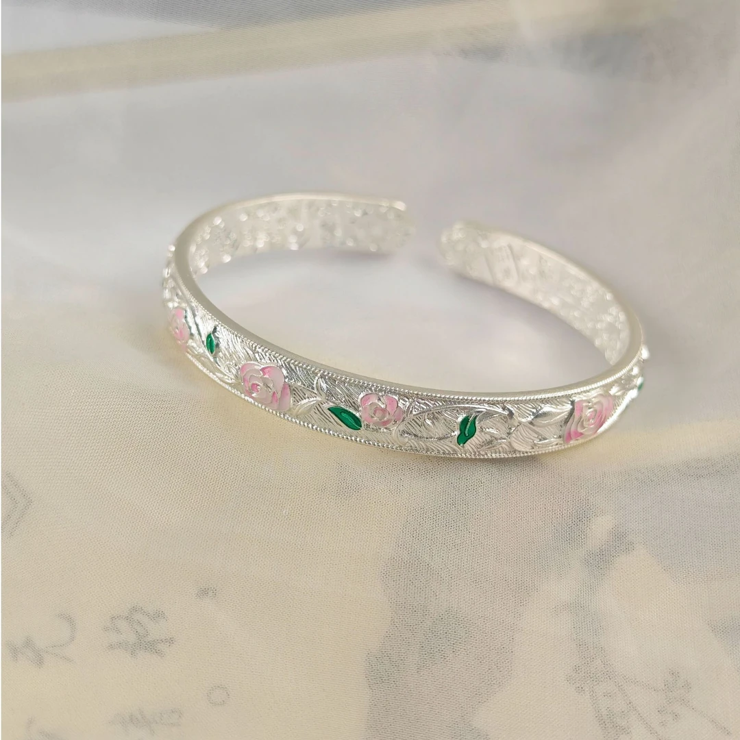 足银手镯 致爱一生足银999.9【 珐琅·玫瑰】珐琅古风C口手镯