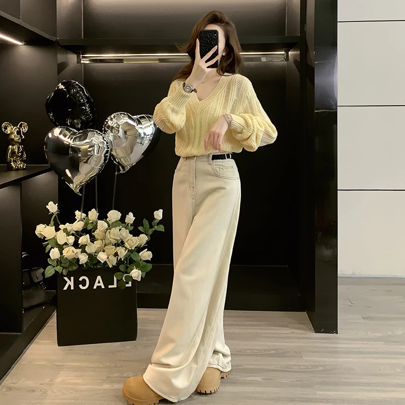 秋季时尚减龄套装气质针织衫长袖宽松显瘦直筒高腰牛仔裤两件套