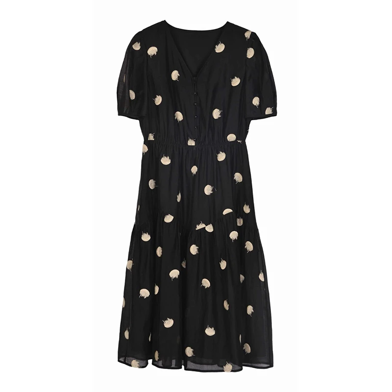 【诗语粉丝专享】夏季连衣裙女波点v领收腰长裙25L7738