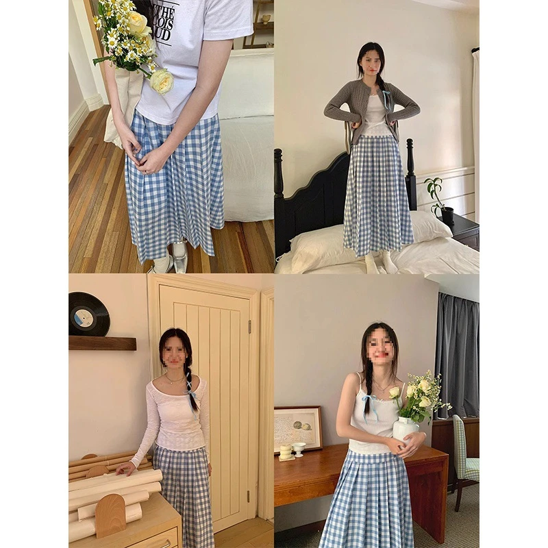 春秋韩款学院风高腰蓝白格纹半身裙女字长裙百褶伞裙