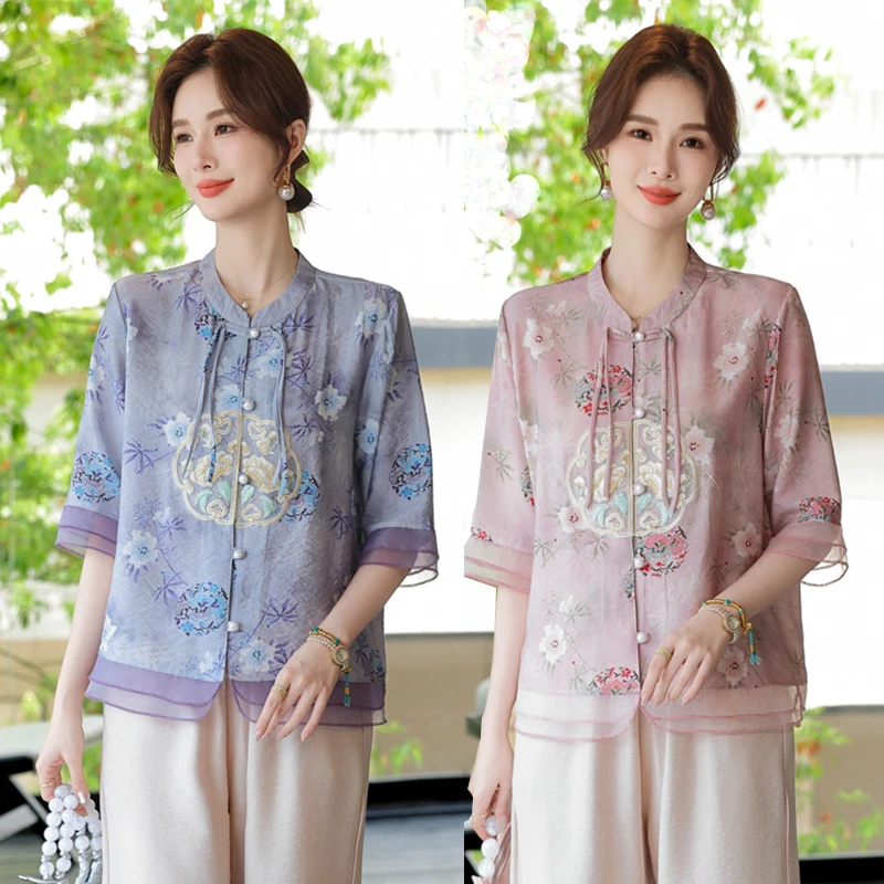 新中式中年女装刺绣薄款夏季中老年妈妈装小衫加大码气质两件套
