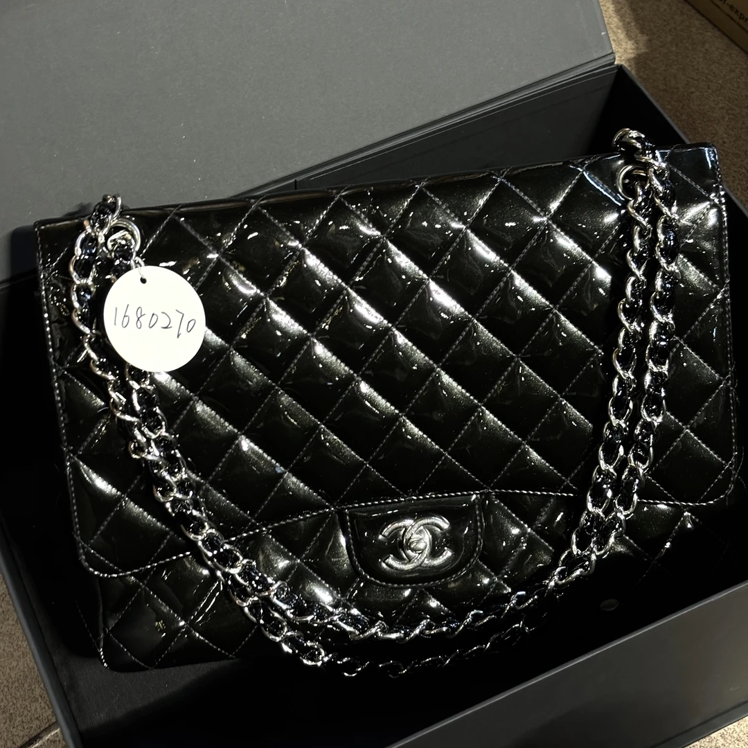 95新 Chanel/香奈儿 夏七中古/黑银漆皮菱格纹cf单肩包/1680270