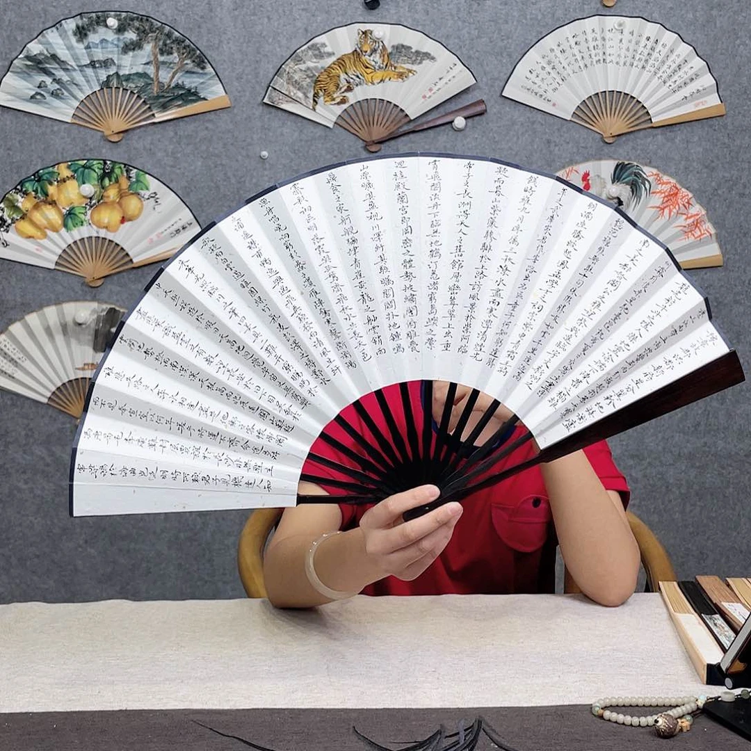 国画10寸黑檀-纯手绘-文玩扇骨（默认粘好）滕王阁序