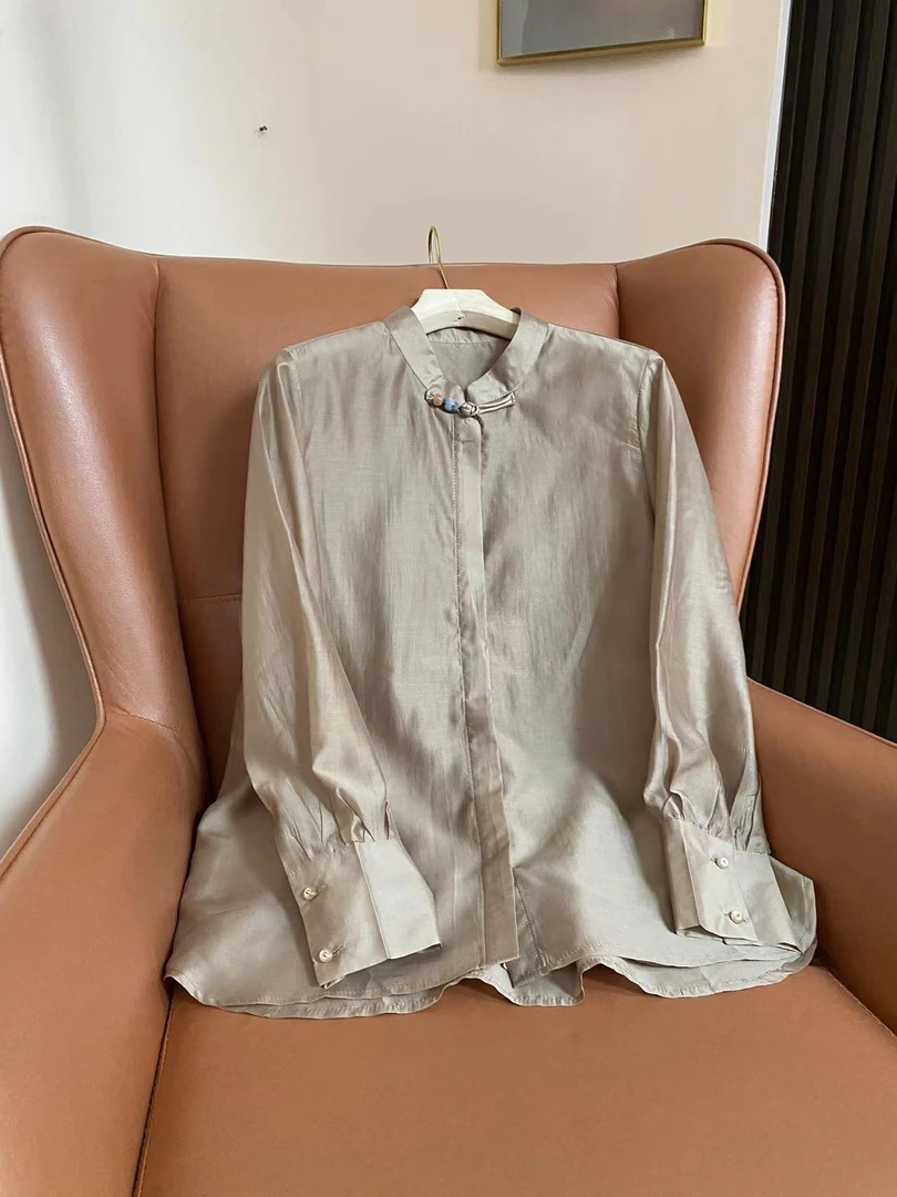 春季女士新款衬衫时尚休闲百搭宽松立领