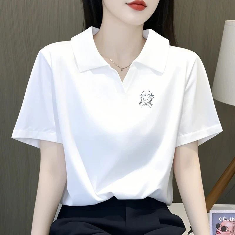2025大码胖mm棉质白色宽松短袖T恤女简约正肩休闲叠穿POLO领小衫