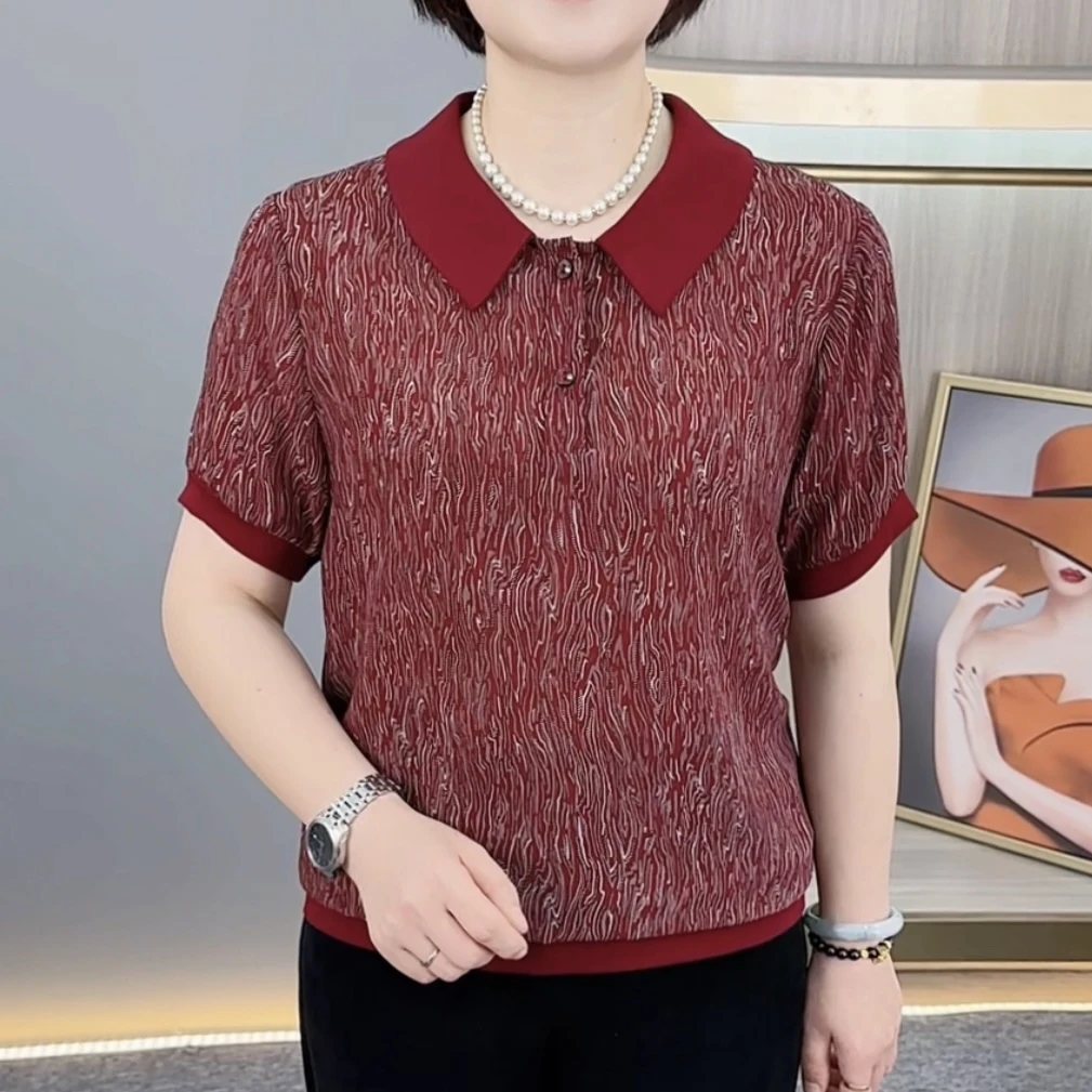 夏季新款时尚娃娃领中老年气质妈妈装休闲百搭减龄短袖上衣H933