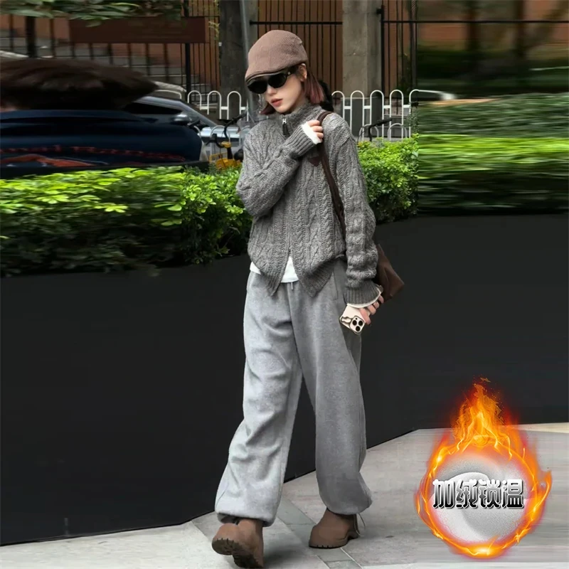 麻花拉链针织开衫外套韩系搭配一整套冬装女士加绒休闲卫裤两件套
