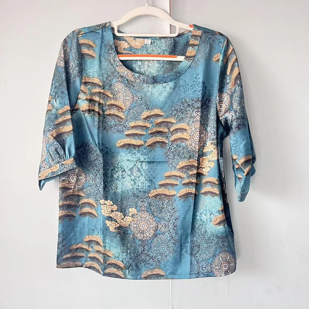 013圆领丝滑冰凉蓝色妈妈装