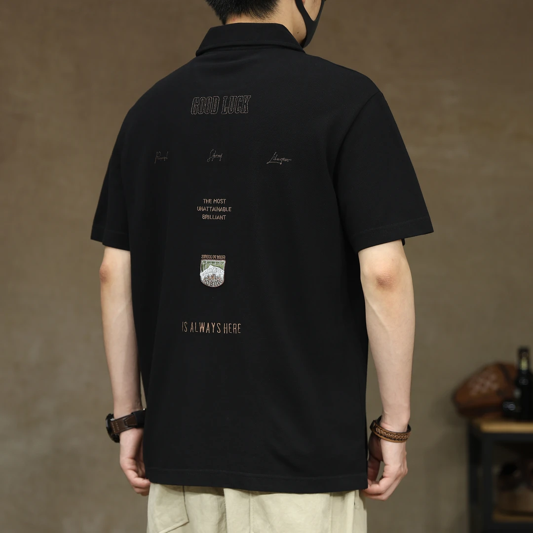 美式重磅轻奢高级感polo短袖男t恤夏季宽松纯棉国风刺绣上衣体恤