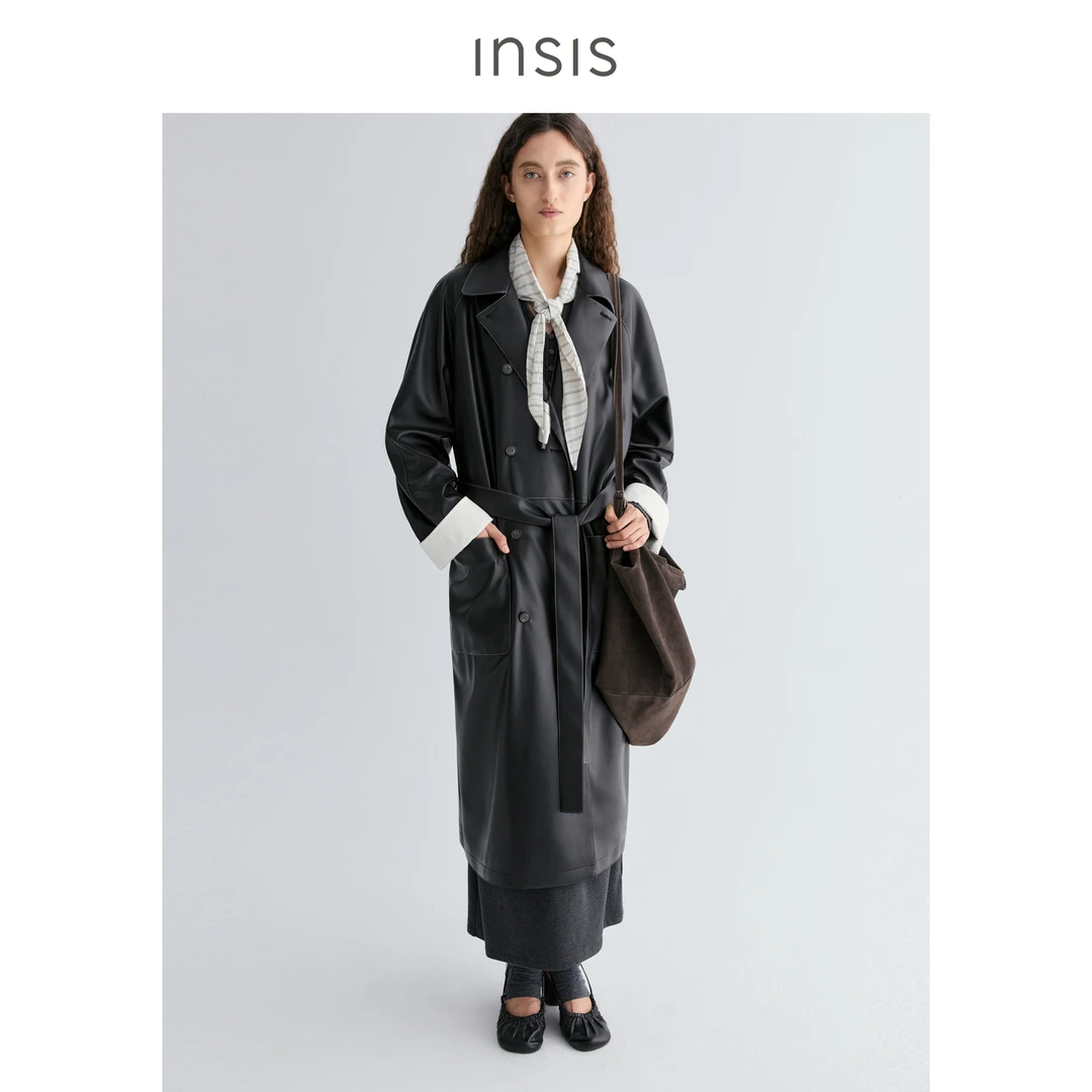 INSIS FEMME文艺复古风2025秋季新款翻领折袖双排扣长款皮风衣女