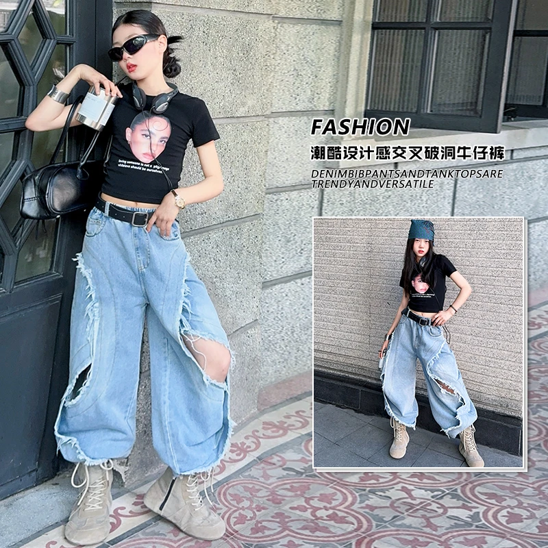 女童夏装2025新款儿童洋气衣服中大童夏季短袖T恤毛边阔腿牛仔裤