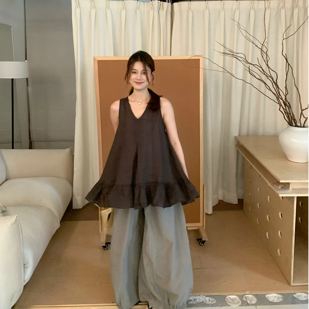 【姑苏山下】2025夏季新品背心无袖绑带抽绳下摆花边设计师背心上衣