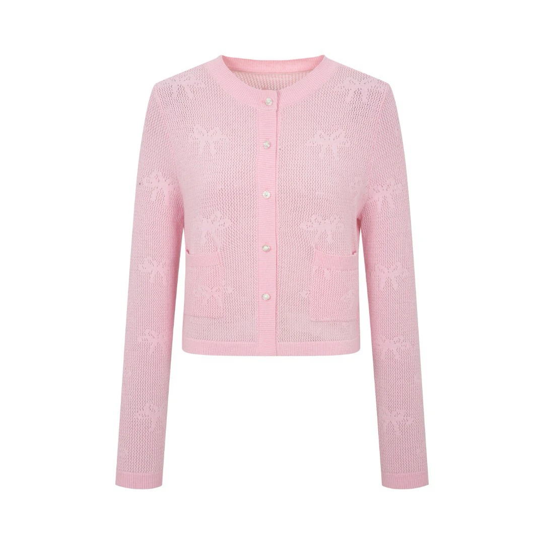 【Three Quarters】 25SS   粉色蝴蝶结图案合体圆领开衫