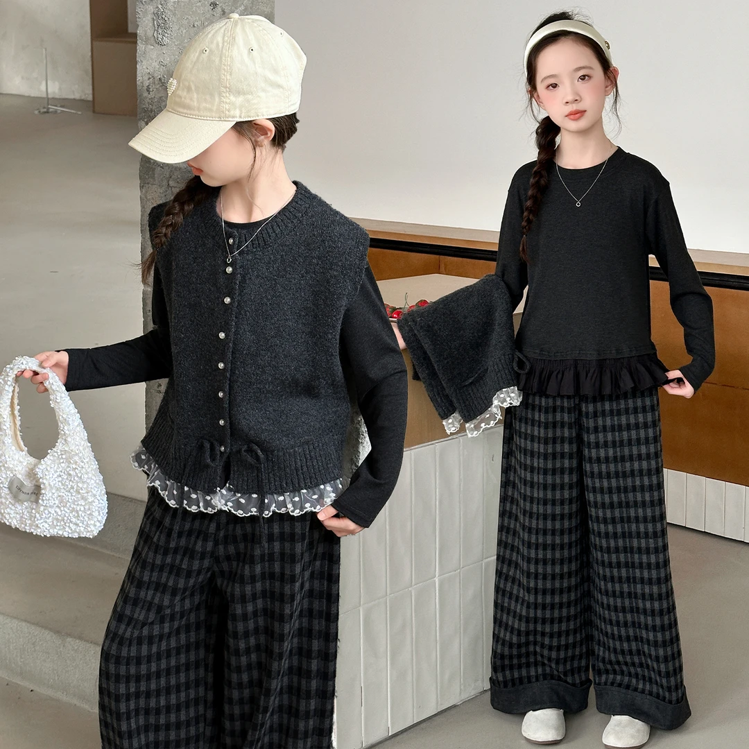 女童秋季休闲舒适开衫马甲毛衣套装6-12岁15中大童小女孩休闲套装