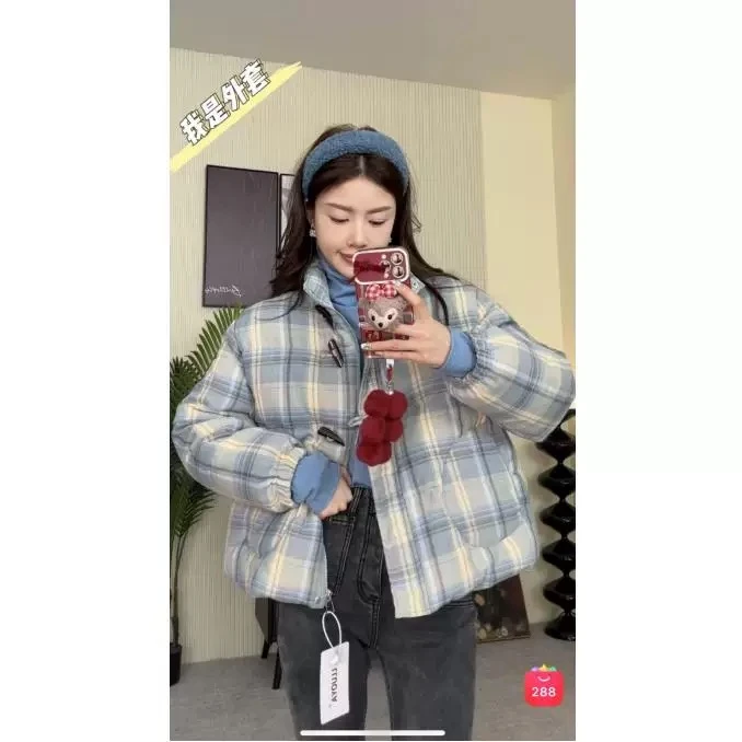 J1763 【海盐奶盖】秋冬新款格子面包服女保暖棉服外套