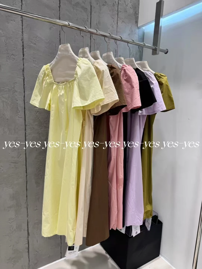 大码方领正肩糖果色显瘦长裙