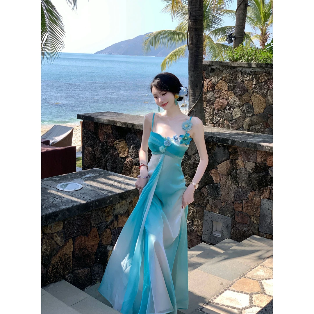 【雅乔定制】水天一色 水光白绿渐变立体花朵连衣裙DYYY-24125722