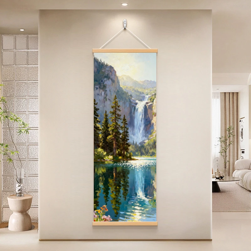 【40x120 高端书法绒布】流水瀑布中式简约艺术装饰画玄关卧室客厅