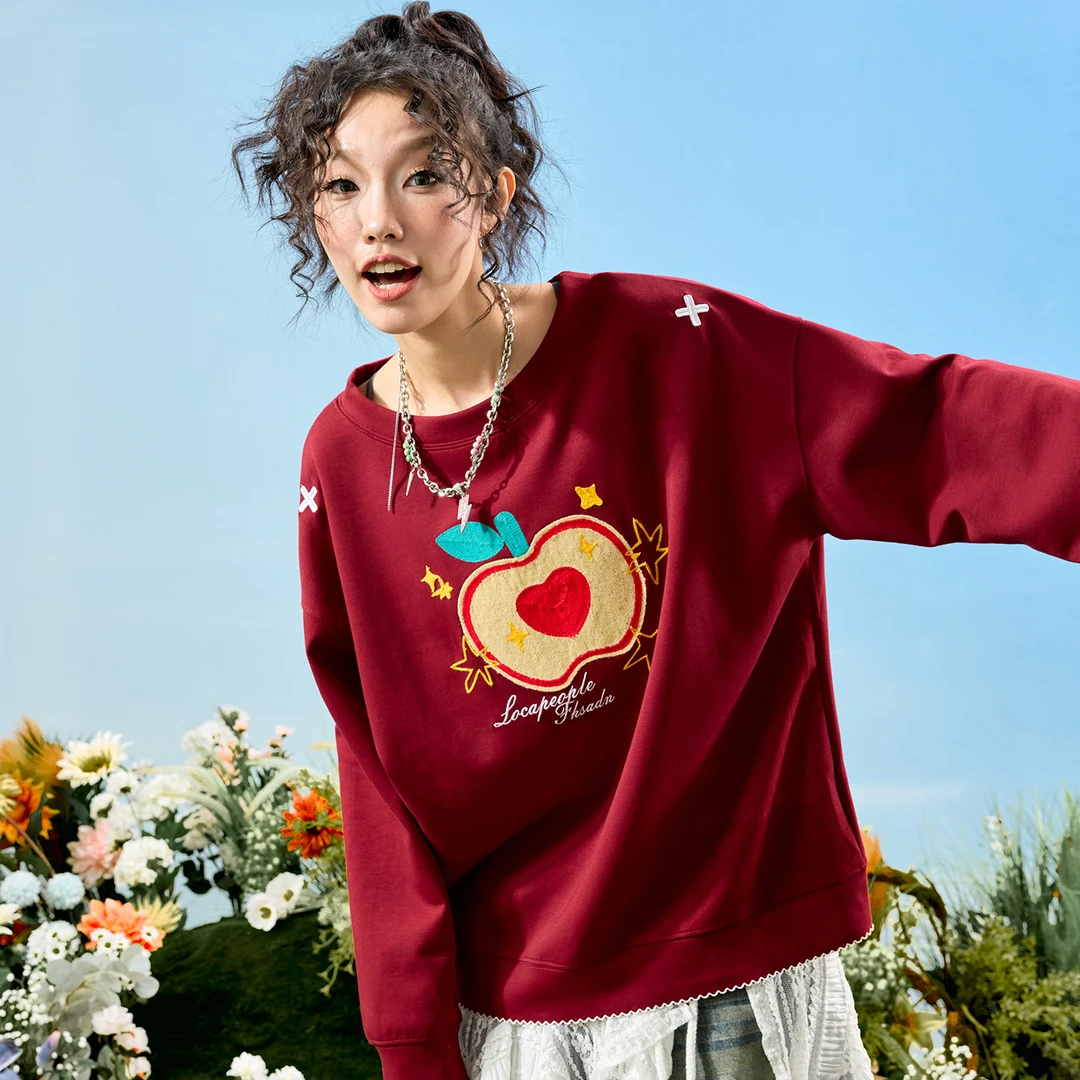 Nuthink美式复古苹果刺绣圆领套头卫衣慵懒松弛感男女2025秋新款