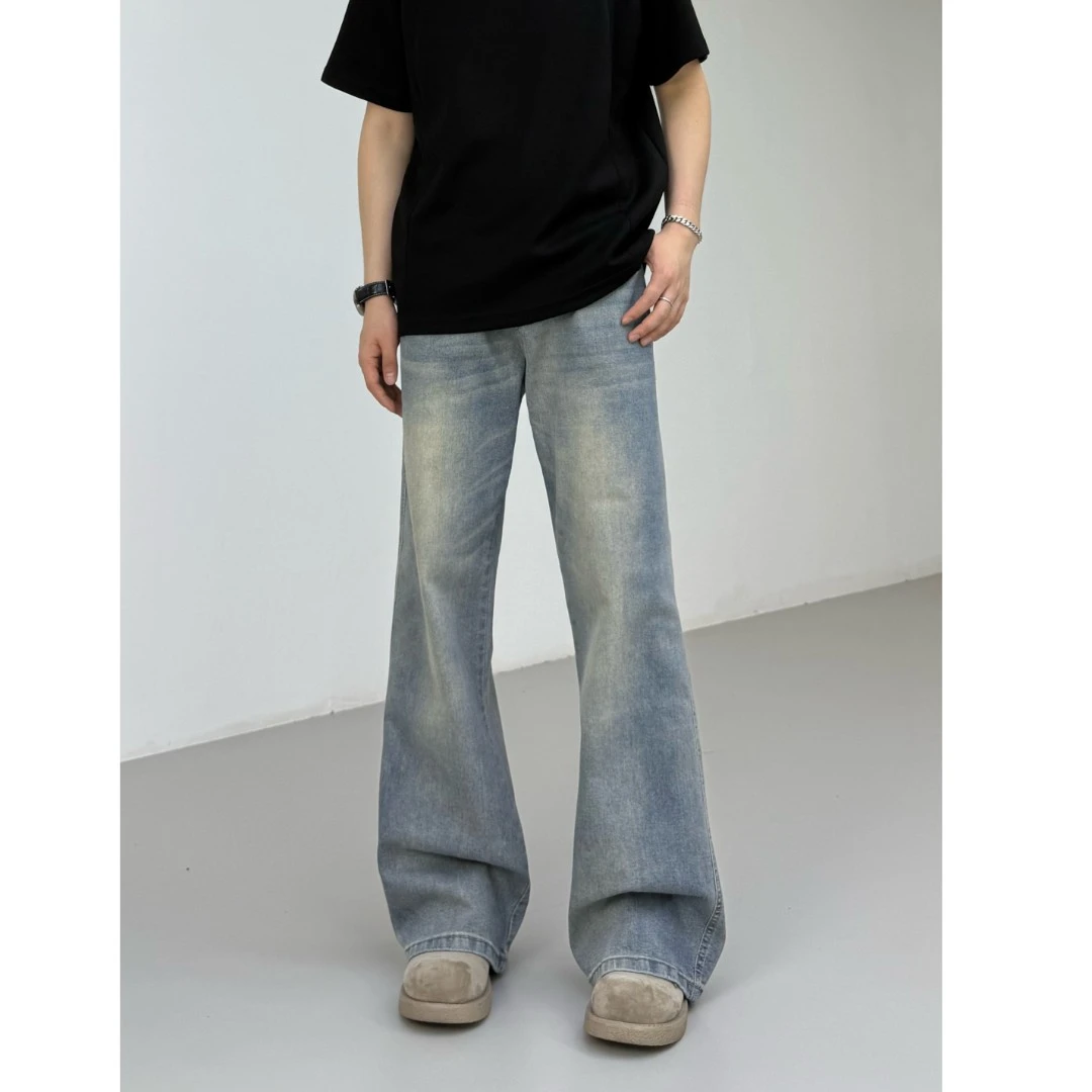 MKNS高弹水洗猫须复古蓝牛仔裤男生直筒微喇裤子夏季显瘦休闲长裤